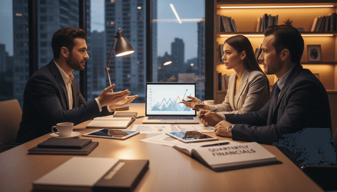 Professional business meeting discussing lending options at a modern office desk with financial documents