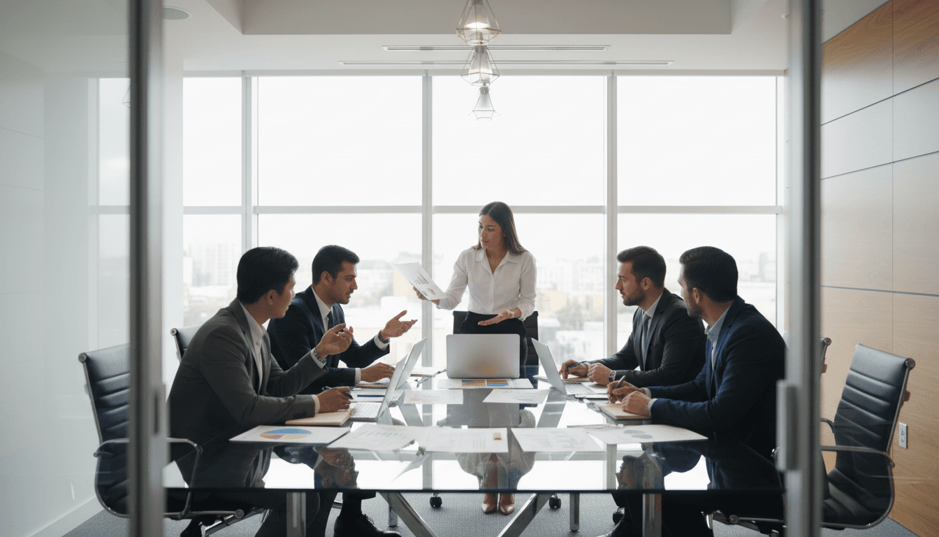 Diverse consulting team engaged in collaborative strategic planning session around modern conference table with market analysis documents