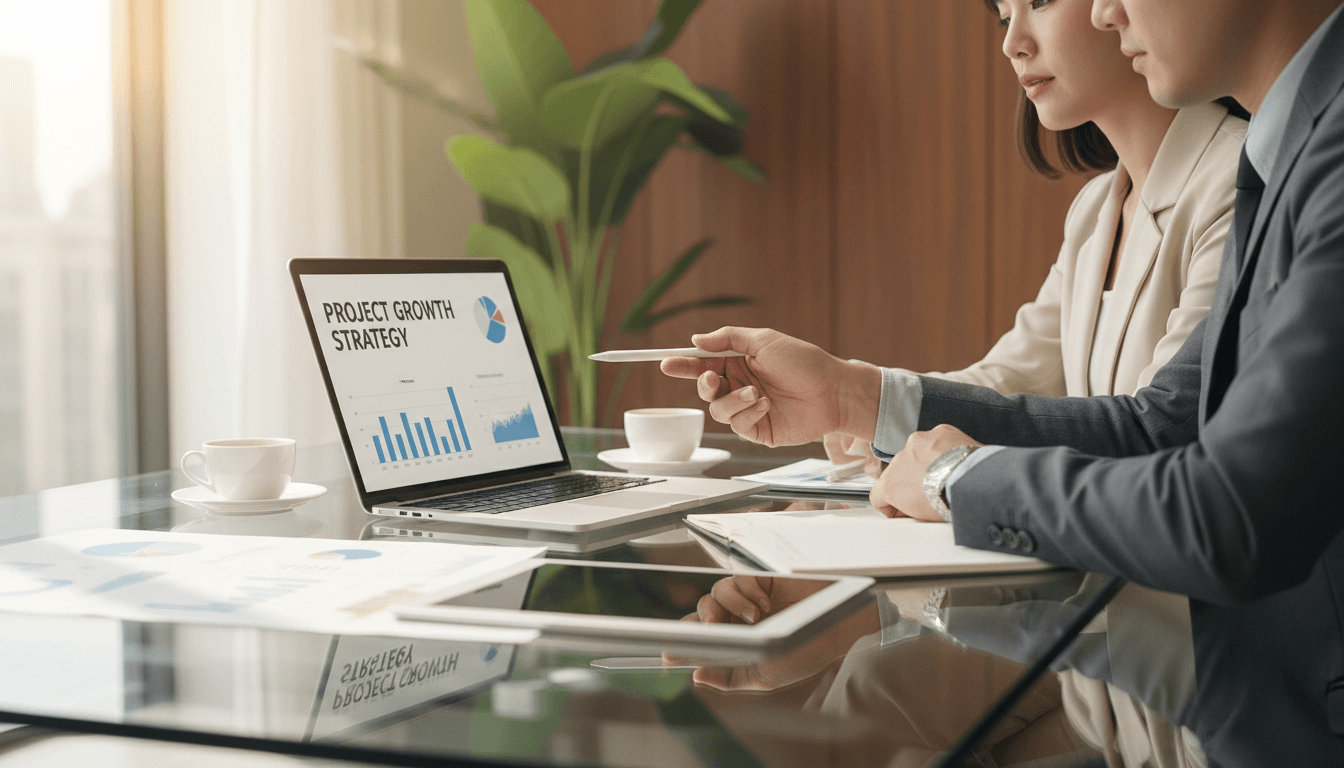 Business professionals reviewing financial documents in modern office